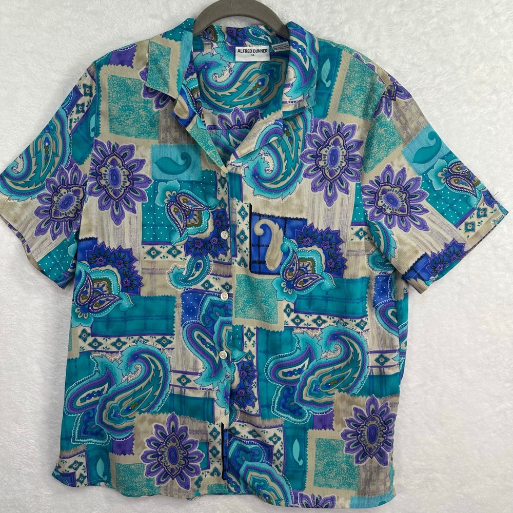 Alfred Dunner Button Up Shirt Womens 14 Blue Paisley Short Sleeve Polyester
